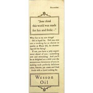 Wesson Oil "for shortening and for frying" Vintage Print Ad 1926